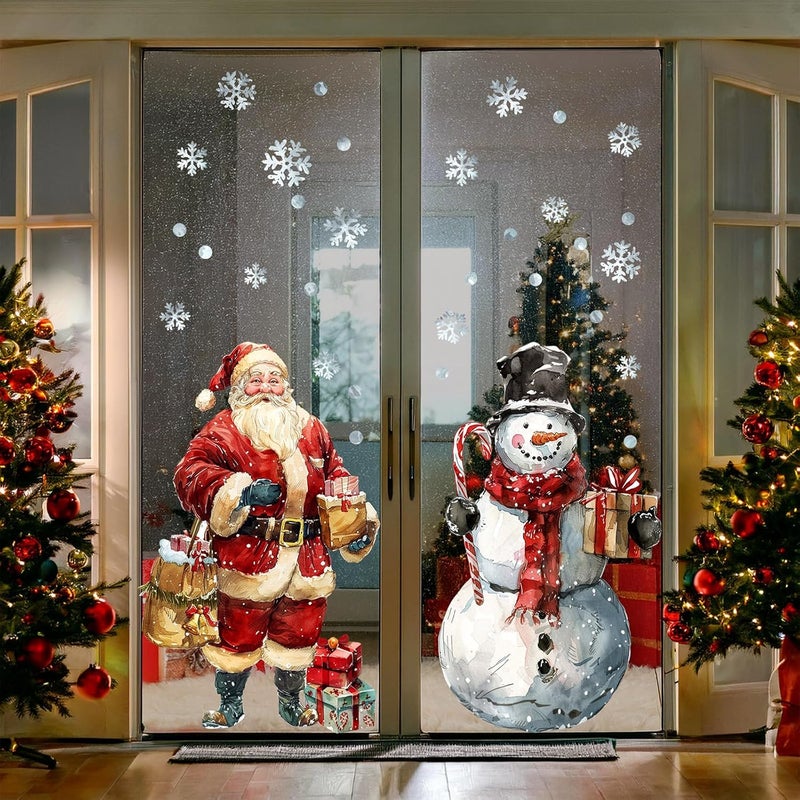 Ivenf Christmas Window Clings Decorations: 2 Sheets Extra Large Santa Claus Snowman Window Clings with Snowflakes, Watercolor Rustic Xmas Stickers for Kids Home Office School Winter Holiday Décor - Image 4